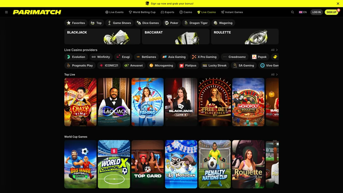 Sección de casino en vivo y Betgames de Parimatch